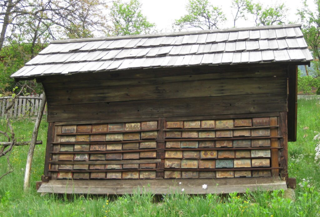 Painted beehive panels at Anton Jansa's apiary in Breznica, Slovenia