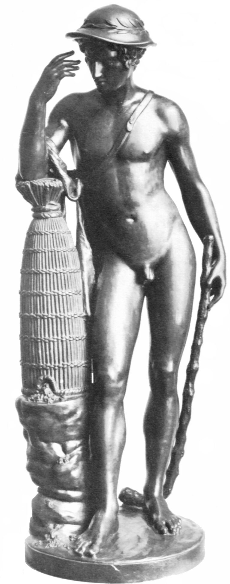 Bronze statue of Aristaeus standing beside a beehive skep, mourning his lost bees
