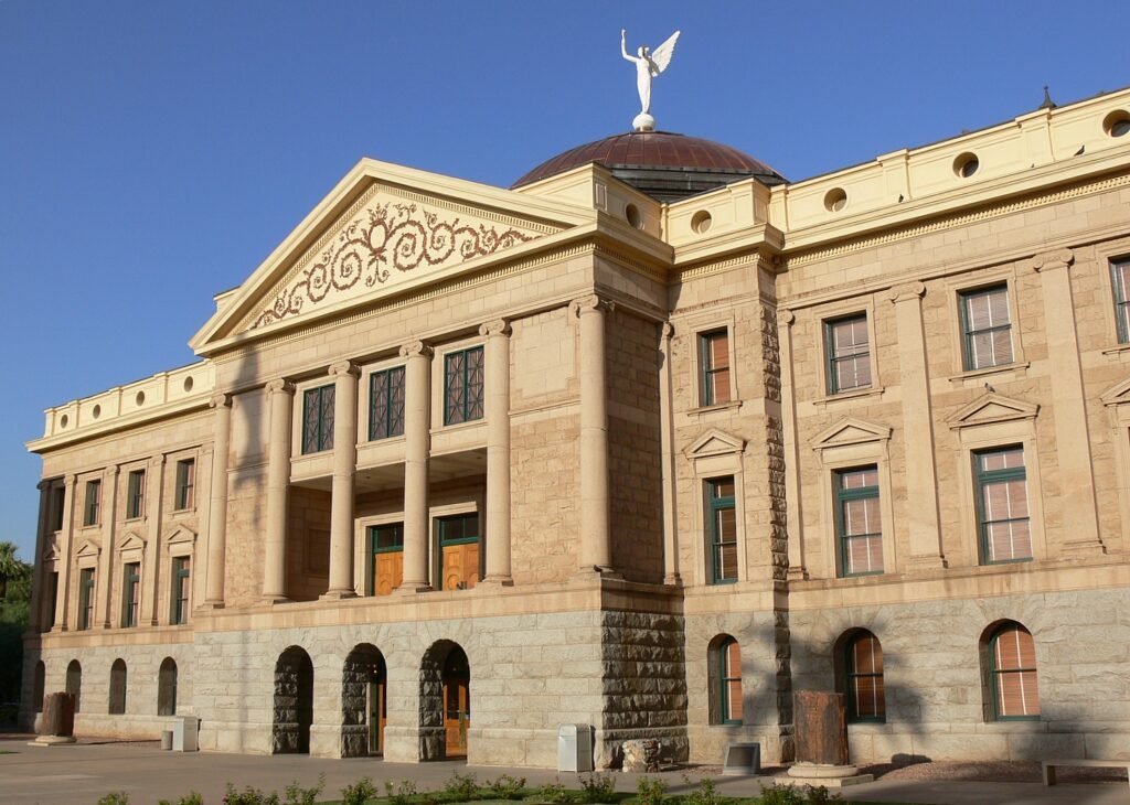 Exterior of the Arizona State Capitol building in Phoenix with its copper dome