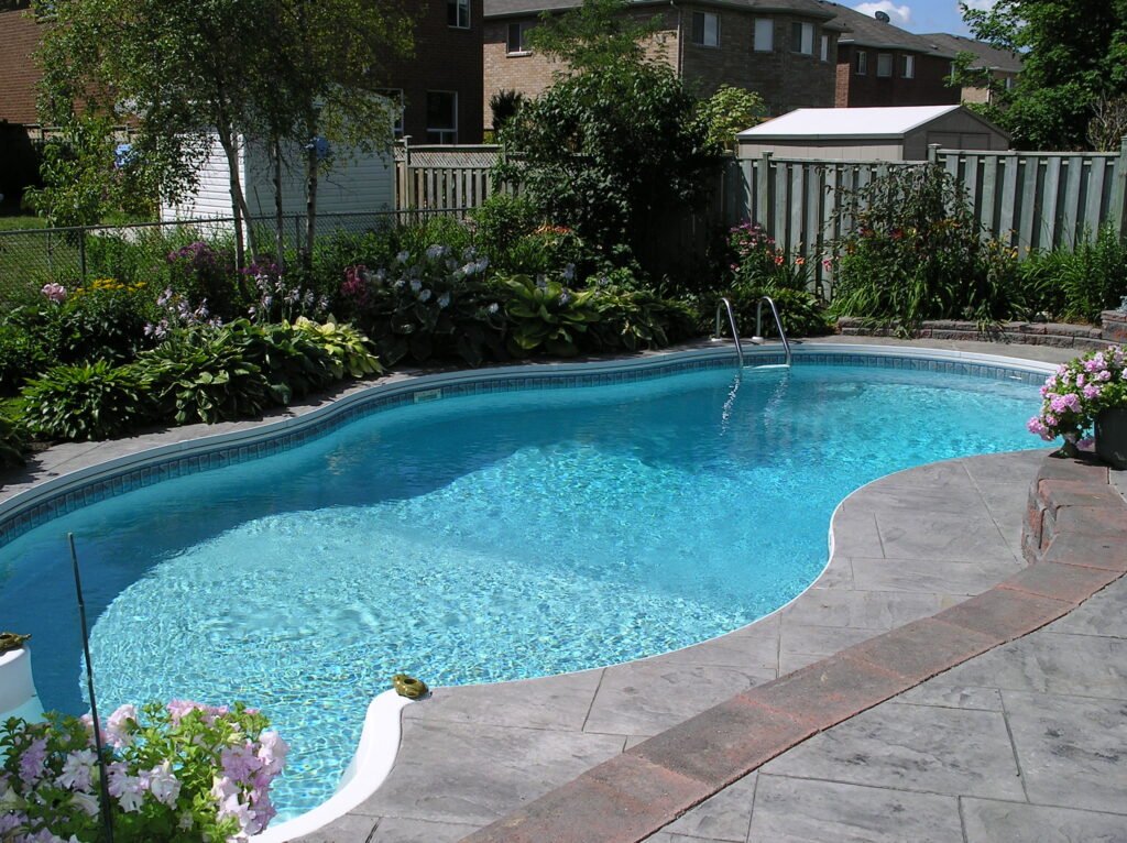 A residential backyard swimming pool, the kind of large consistent water source that draws foraging bees