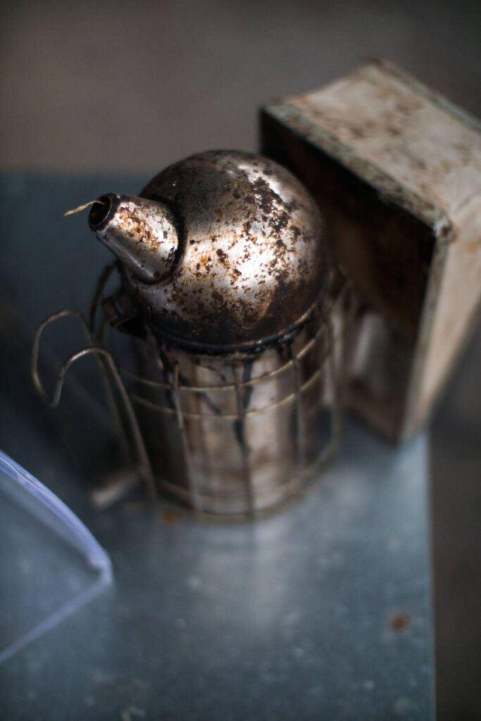 Close-up of a bee smoker showing its wire heat shield and bellows construction