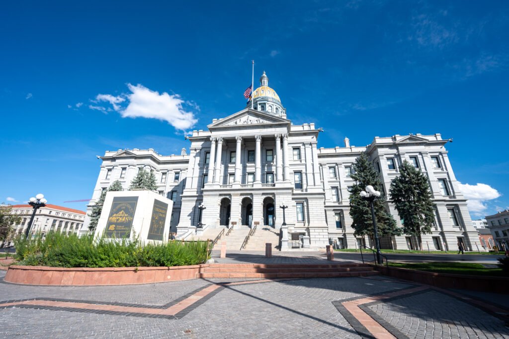 Exterior of the Colorado State Capitol building in Denver with its gold dome