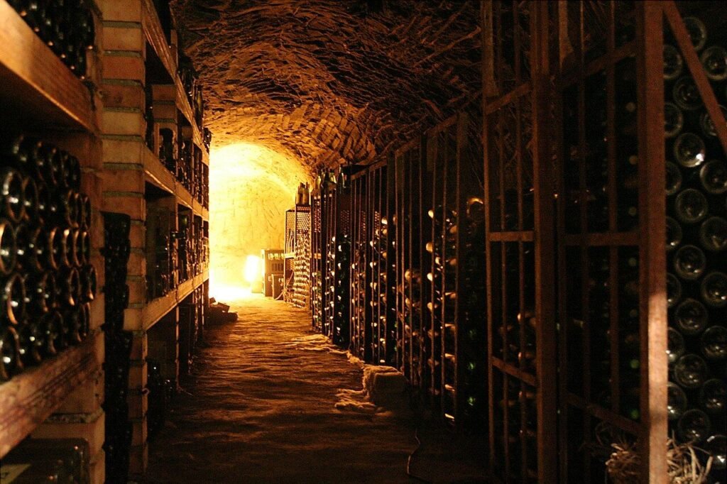 A dark, cool wine cellar with racked bottles, the kind of storage environment that protects aging mead from light and temperature swings