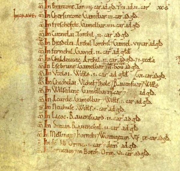 Detail of a Domesday Book folio page showing the dense Latin manuscript entries