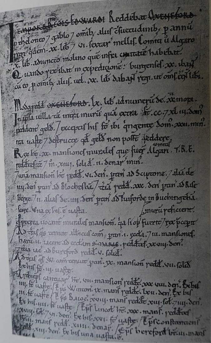 Handwritten Latin manuscript page from the 1086 Domesday Book survey