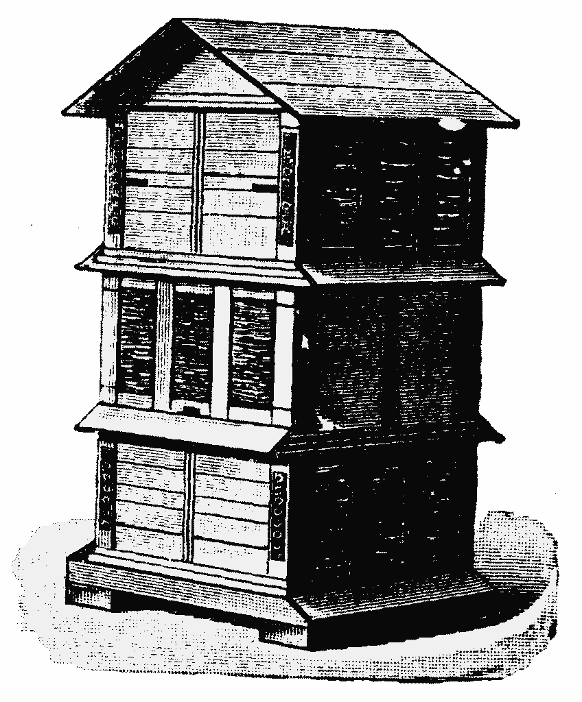 1905 encyclopedia illustration of Dzierzon's stacked twin beehive design