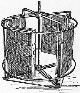 Period engraving of an early four-frame hand-cranked honey extractor from the 1911 Encyclopaedia Britannica