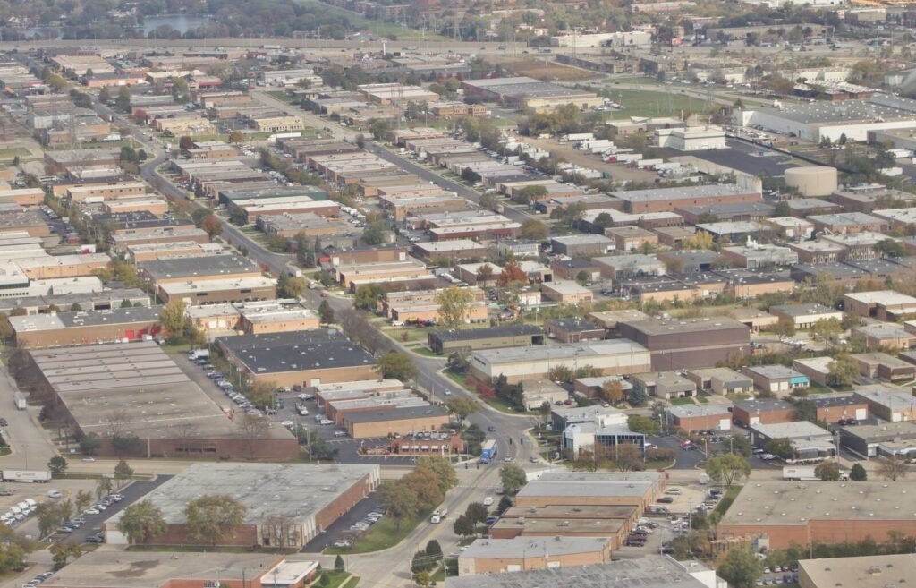 Aerial view of the Elk Grove Village industrial park near O'Hare International Airport