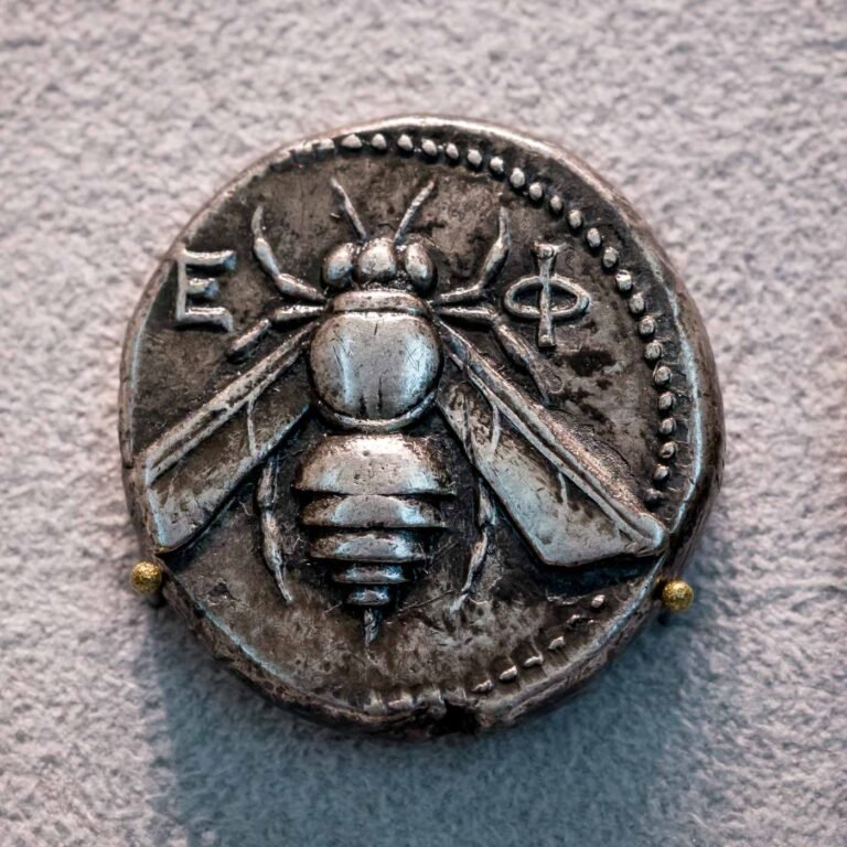 Ancient silver tetradrachm coin from Ephesus showing a bee with outstretched wings