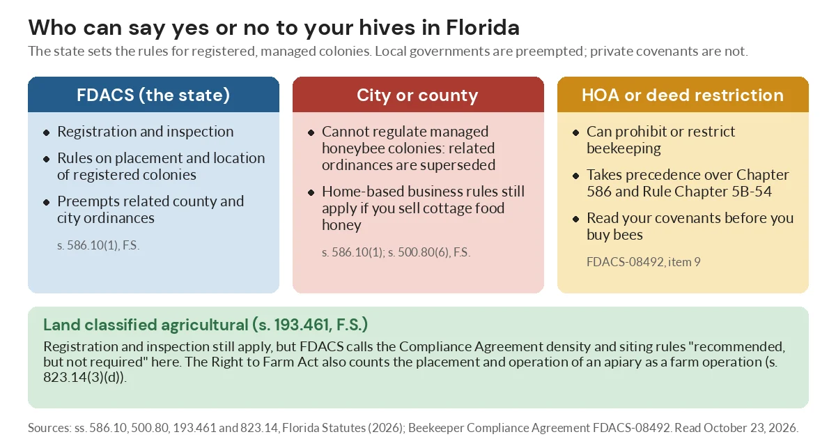 Diagram comparing FDACS, city or county, and HOA authority over Florida beehives, plus the agricultural land exception