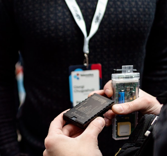 A compact GPS tracking device of the type built into hive anti-theft trackers