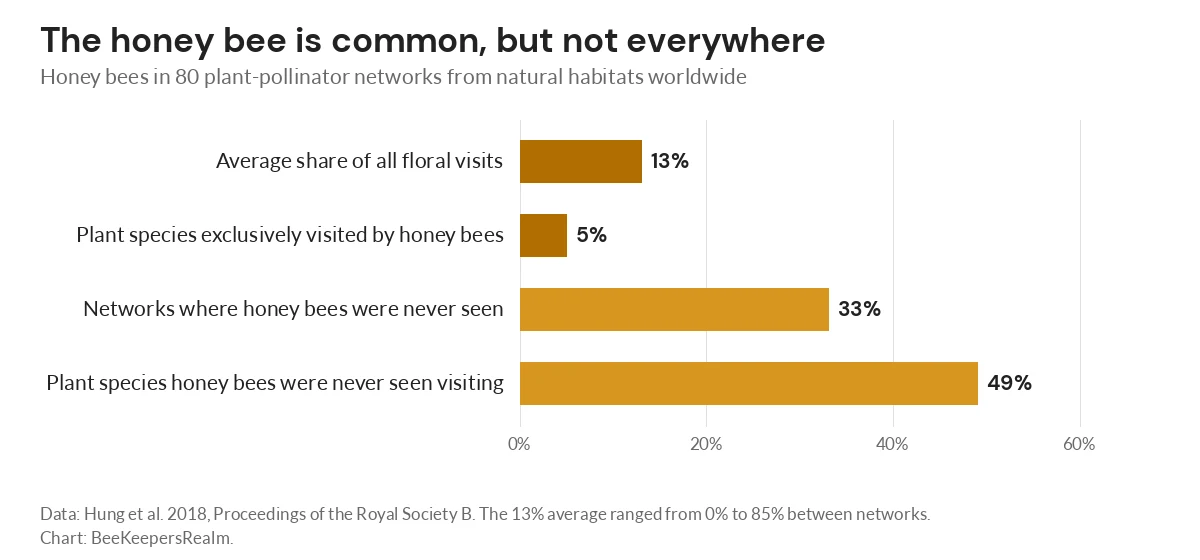 Bar chart showing honey bees made 13% of floral visits worldwide but never visited 49% of the plant species studied