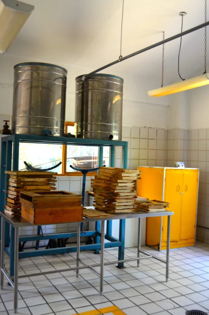 Honey extraction lab with metal barrels and wooden frames used to collect honey