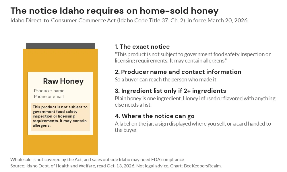 Illustrated honey jar label showing the notice Idaho requires on honey sold directly to consumers