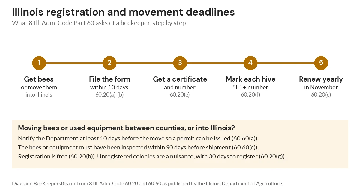 Diagram of Illinois beekeeper deadlines: register within 10 days, get a number, mark hives, renew each November