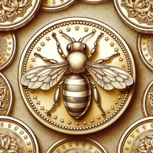 Gold coin featuring a stylized bee emblem