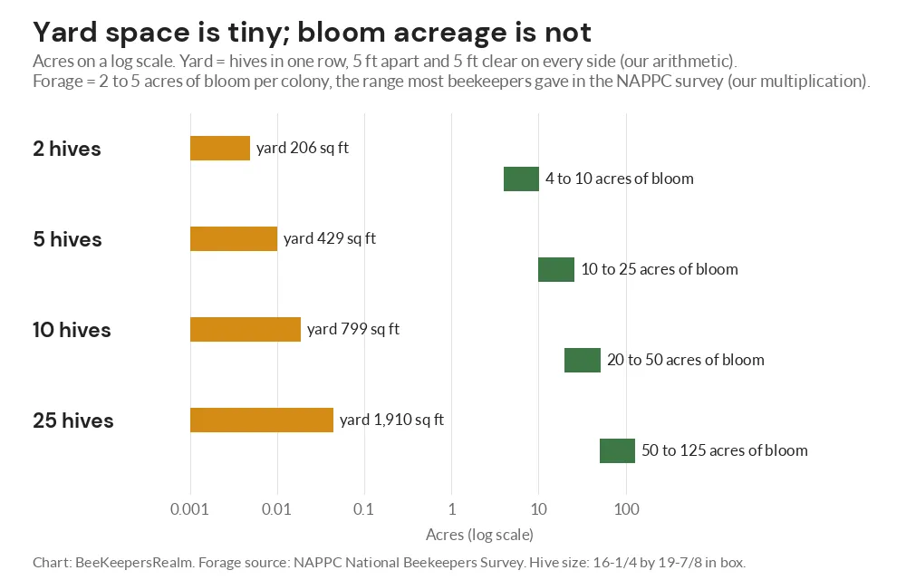 Log-scale bar chart comparing yard space for 2, 5, 10 and 25 hives with the acres of bloom those colonies need