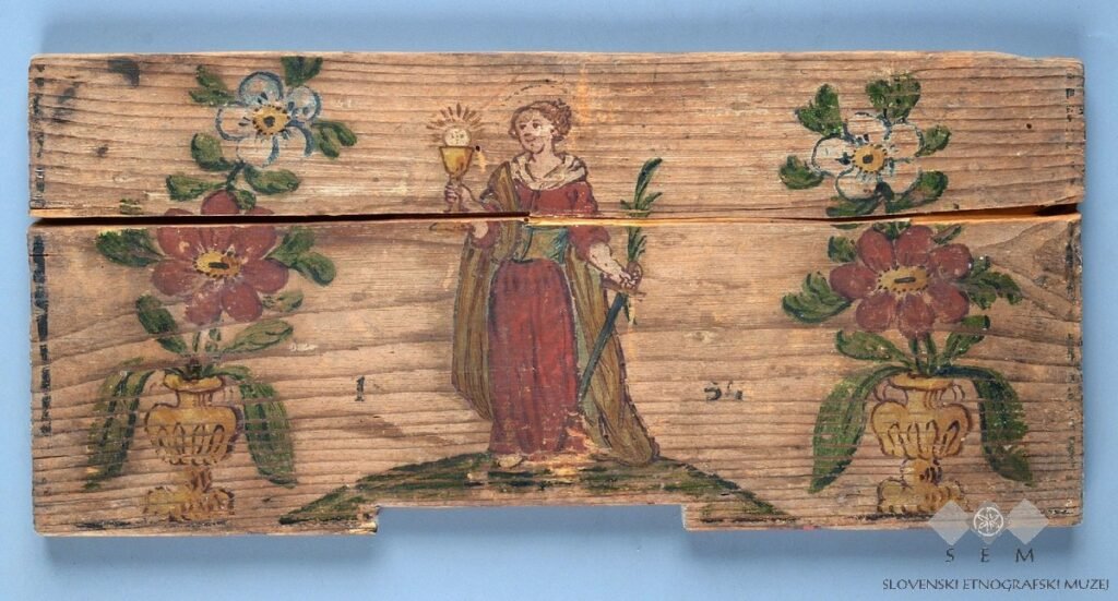 Painted Slovenian beehive panel of Saint Barbara by folk painter Leopold Layer, dated 1854