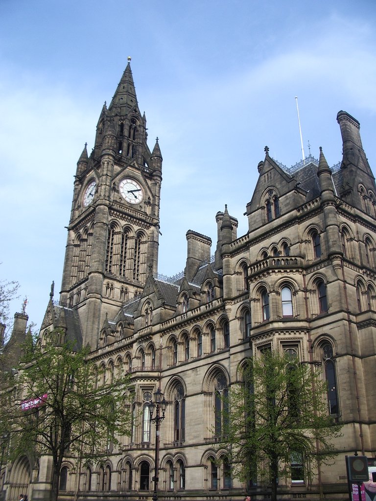 Manchester Town Hall exterior showing its clock tower and Gothic Revival facade