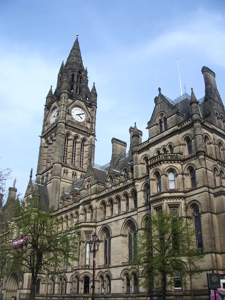 Manchester Town Hall exterior showing its clock tower and Gothic Revival facade