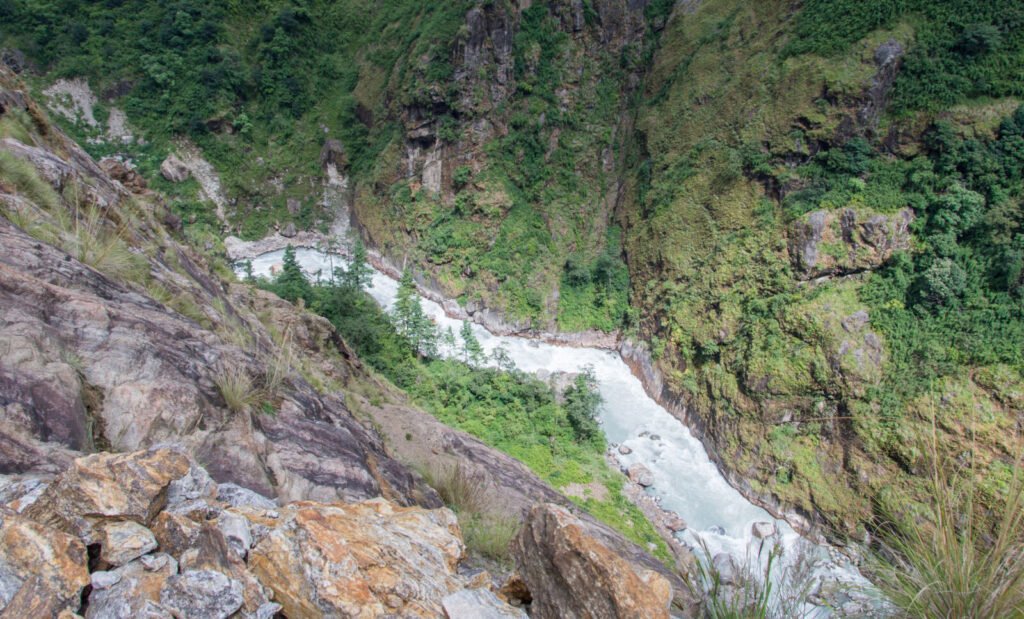 Steep river gorge in Lamjung district, Nepal, in the Gurung honey hunting region