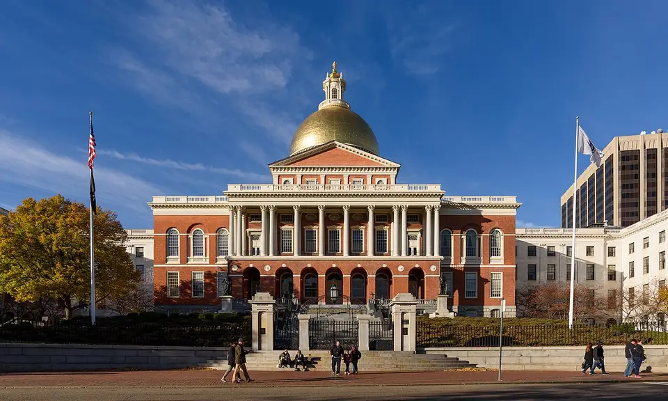 The Massachusetts State House on Beacon Hill in Boston, with its gold dome above a red brick facade