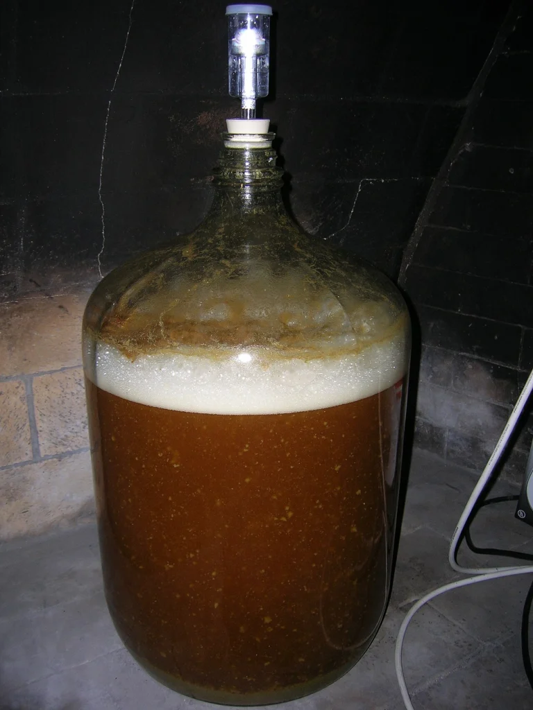 Glass carboy fermentation vessel fitted with an airlock, the standard setup for fermenting a batch of mead