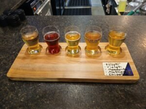 Photo of a tasting flight of mead glasses from a licensed commercial meadery