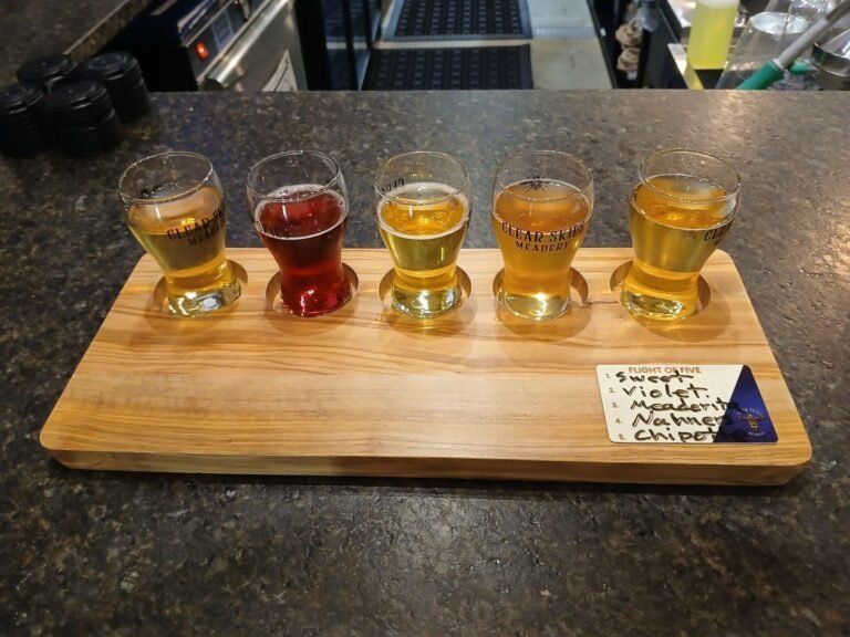 Photo of a tasting flight of mead glasses from a licensed commercial meadery