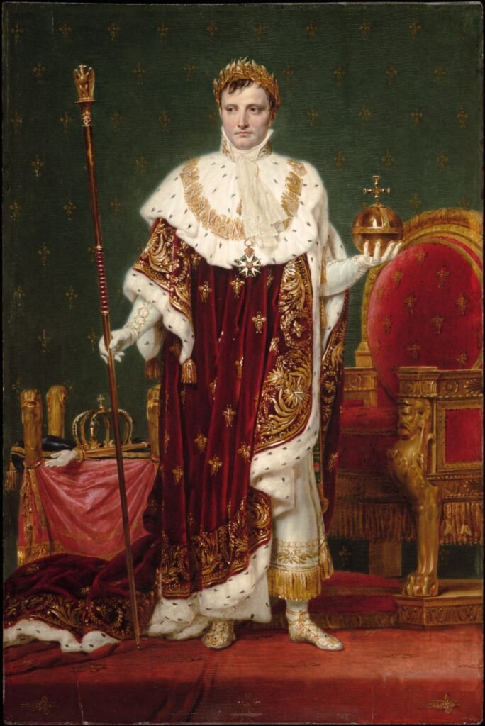 Napoleon I in his coronation robes embroidered with gold bees, painted by Jacques-Louis David circa 1807