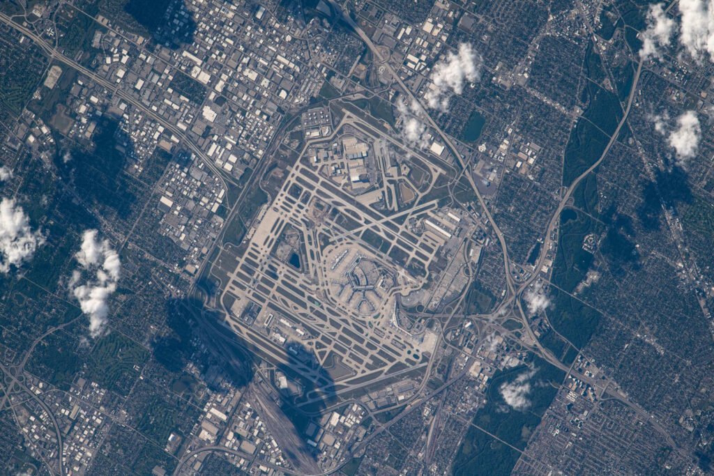 Aerial view of O'Hare International Airport from the International Space Station showing runway land