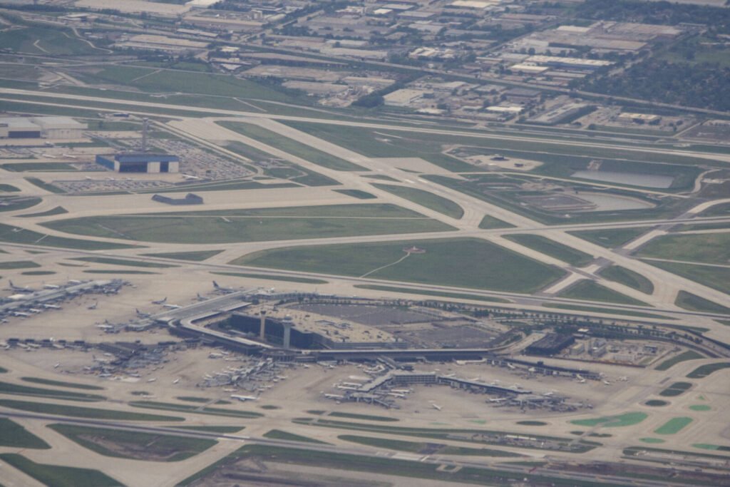 O'Hare airport runways with wide open grass medians between the paved surfaces