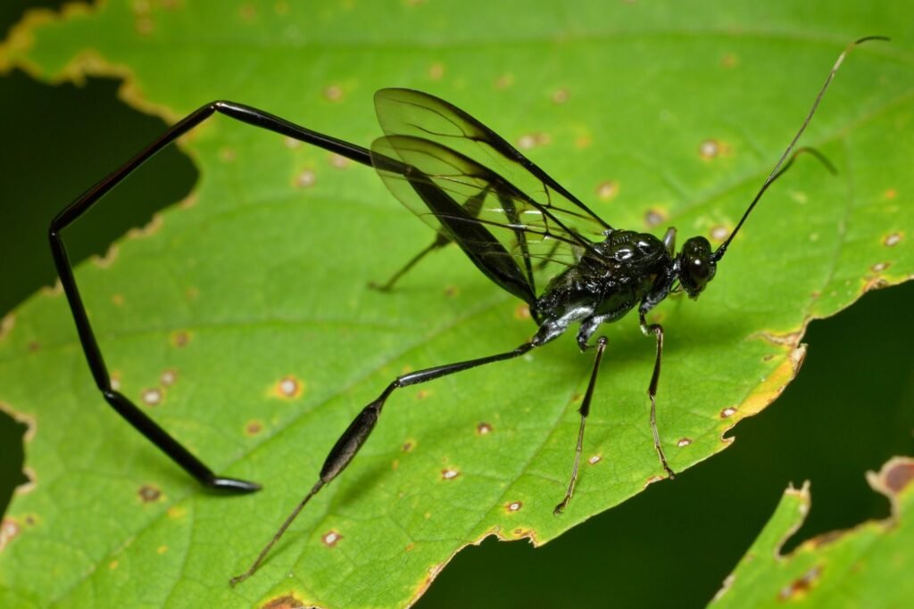 Pelecinid wasp perched on a leaf with its long tail-like abdomen curled downward