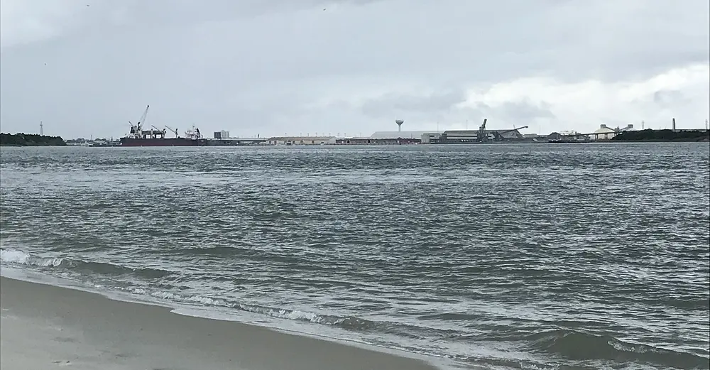 Cargo ships and warehouses at the Port of Morehead City seen across the water from a sandy beach