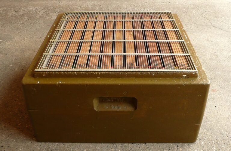 Wire mesh queen excluder placed on top of a hive box, the type of barrier used to contain Warwick Kerr's imported African queens before their 1957 escape