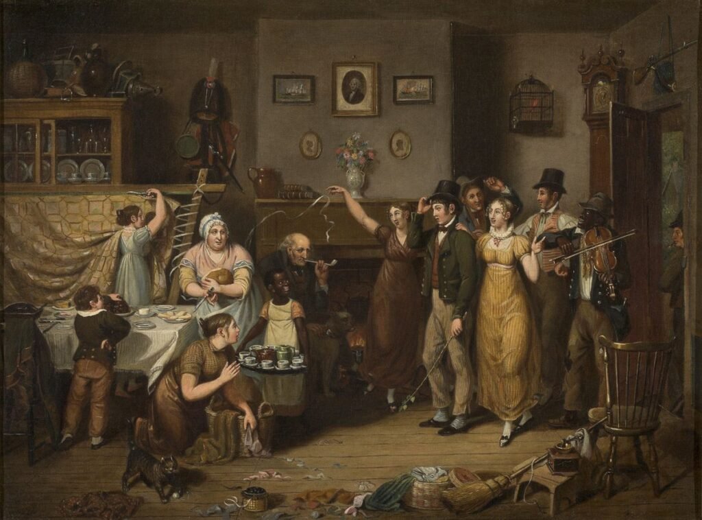 Quilting Frolic 1813 painting by John Lewis Krimmel depicting a communal quilting bee gathering