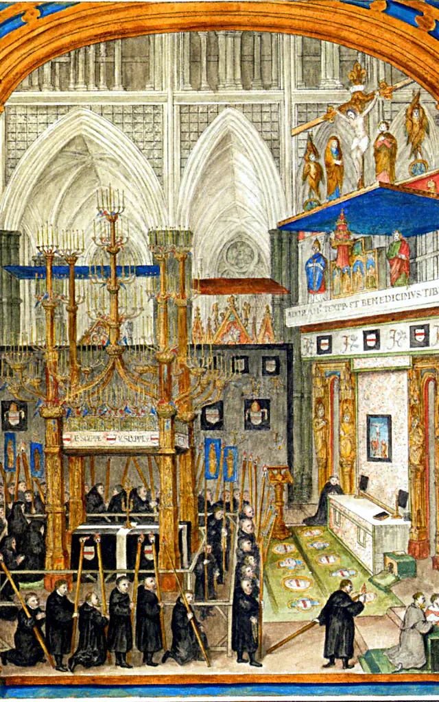 Historical 1532 depiction of the high altar at Westminster Abbey with beeswax candles