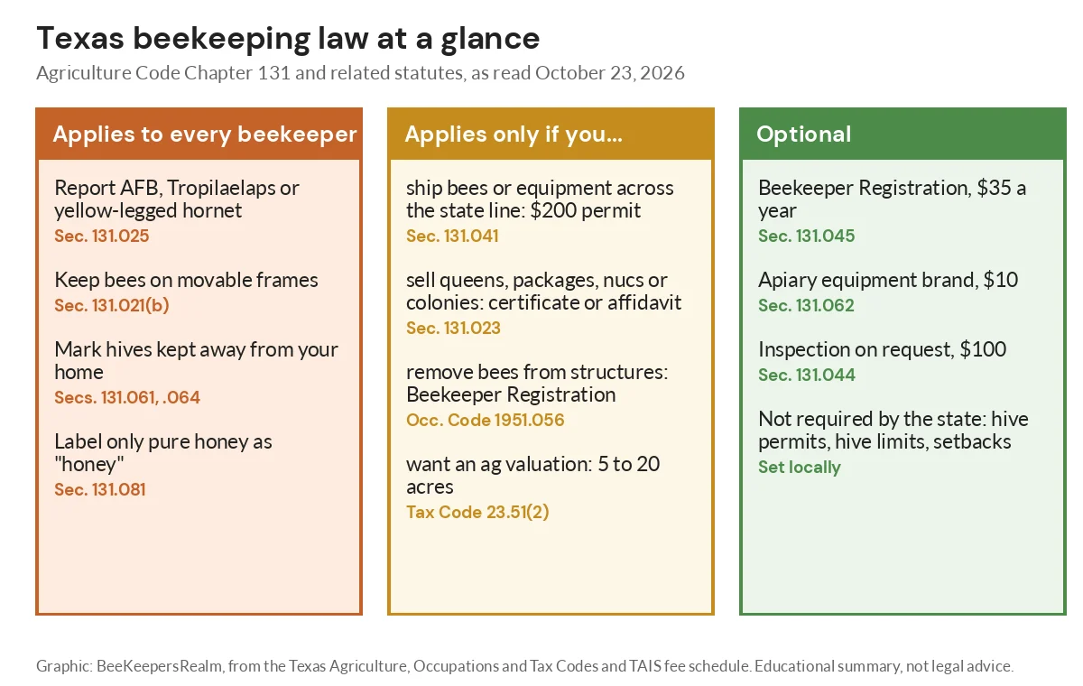 Chart sorting Texas bee rules into those for every beekeeper, those triggered by an activity, and optional ones