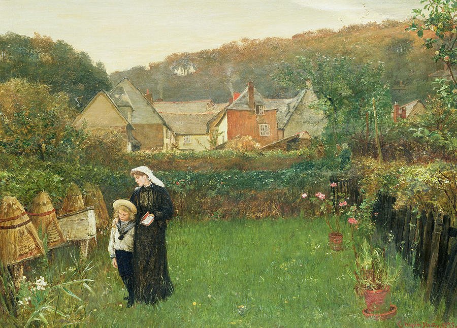 Historical 1895 painting The Widow by Charles Napier Hemy, depicting a widow and her son telling the bees of a death in the family
