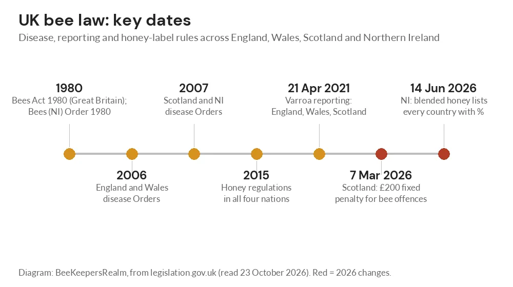 Timeline diagram of UK bee law milestones from the 1980 Bees Act to the 2026 Scottish fines and NI honey rule