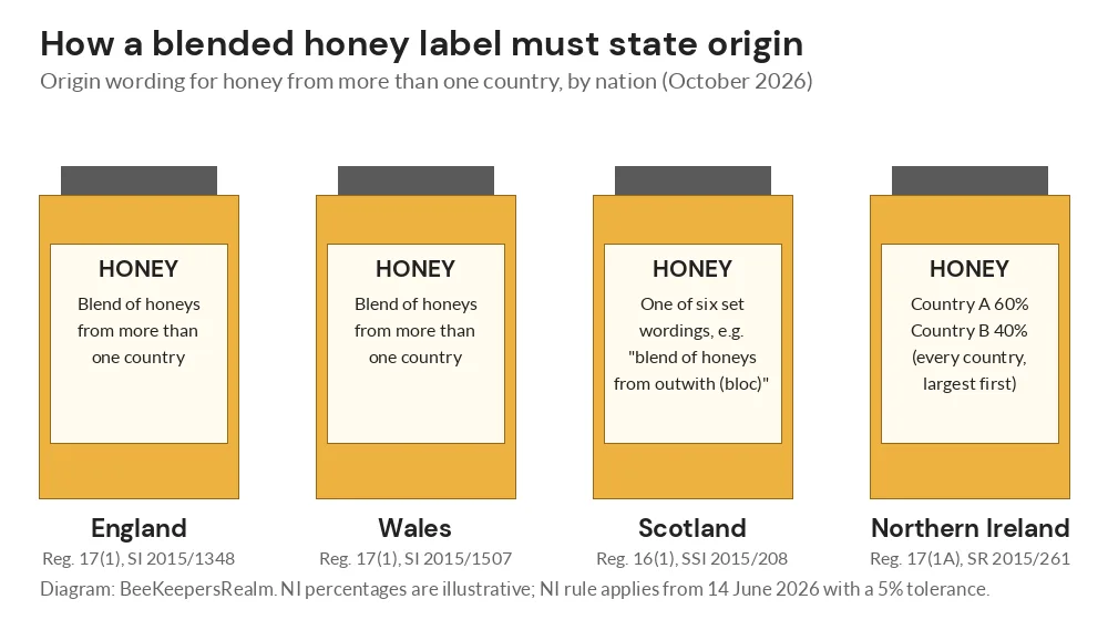 Diagram of four honey jar labels showing blended-honey origin wording for England, Wales, Scotland and NI