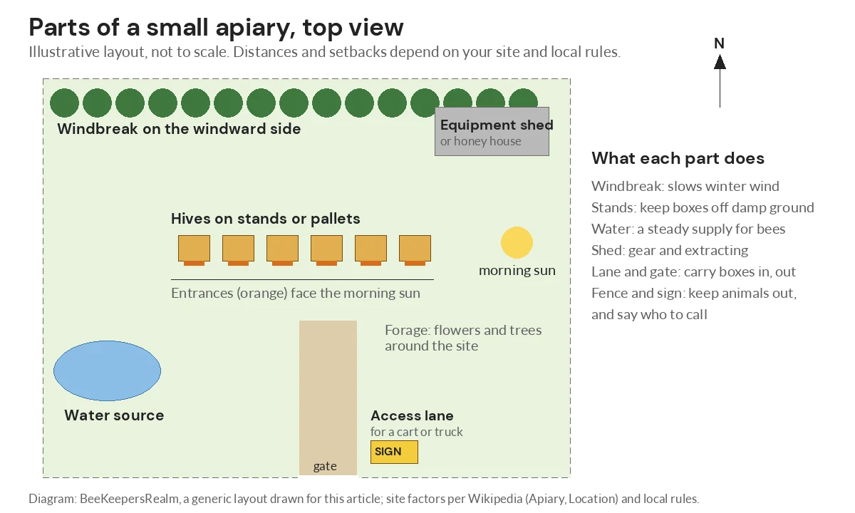 Top-view diagram of a small apiary with a windbreak, a row of hives, a water source, a shed, an access lane and a gate