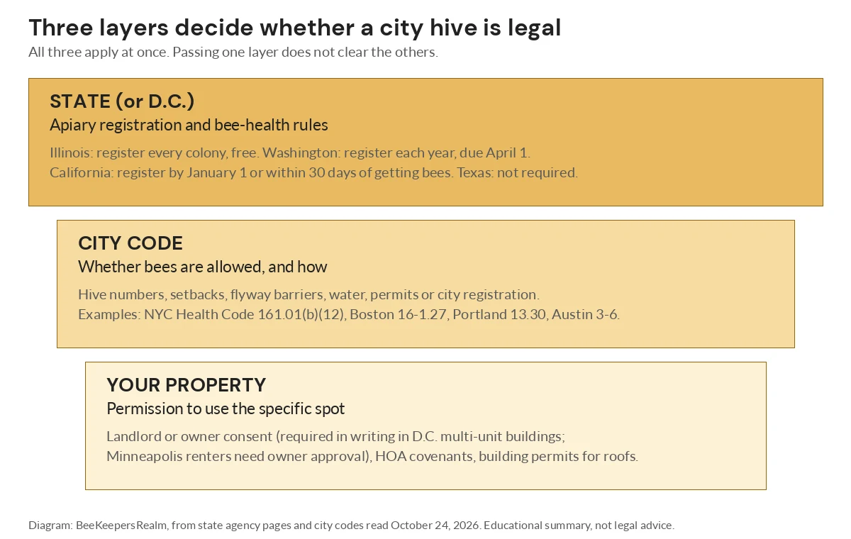 Diagram of the three layers of urban beekeeping law: state registration, city code and property permission