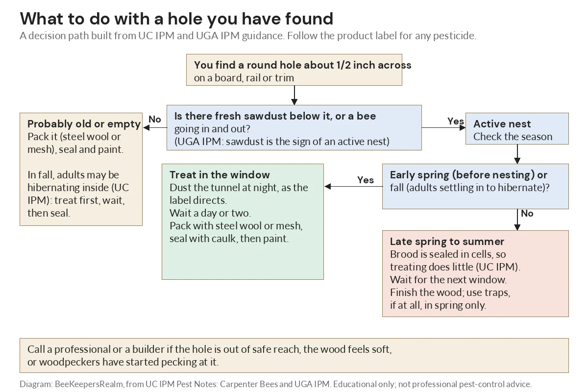 Flowchart showing what to do with a carpenter bee hole based on sawdust, season and whether the nest is active