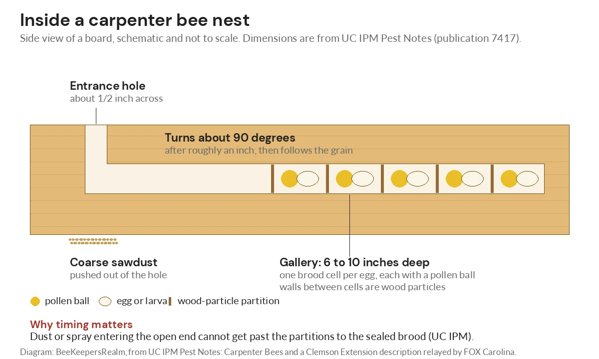 Diagram of a carpenter bee nest in wood: entrance hole, right-angle turn, gallery with sealed brood cells