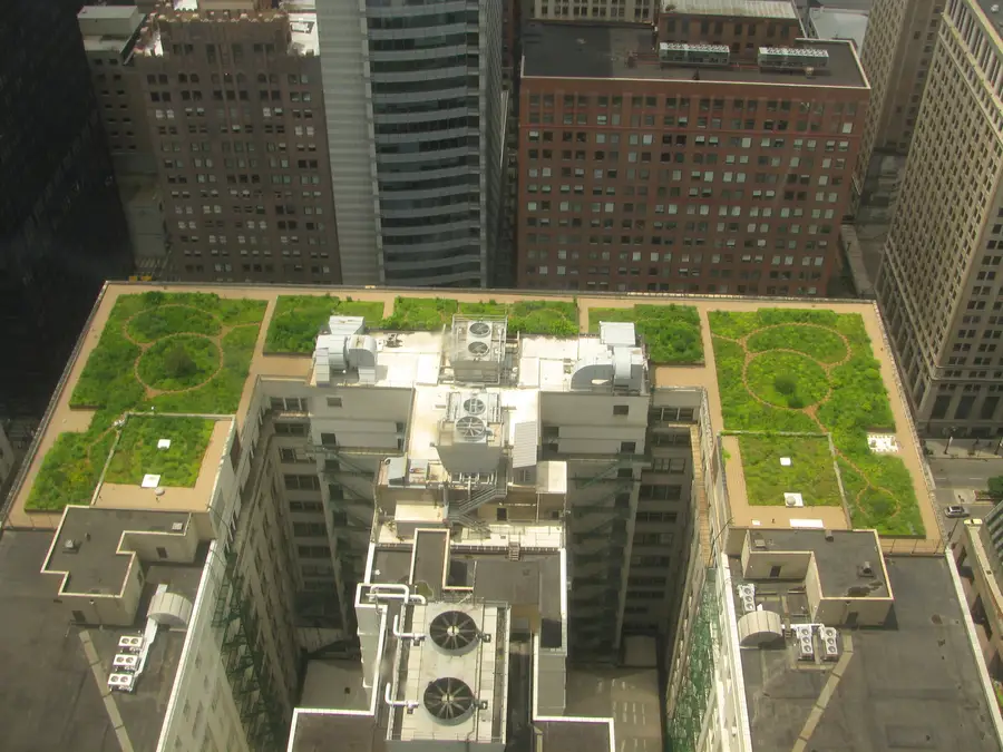 Aerial view of the planted green roof of Chicago City Hall surrounded by downtown office towers