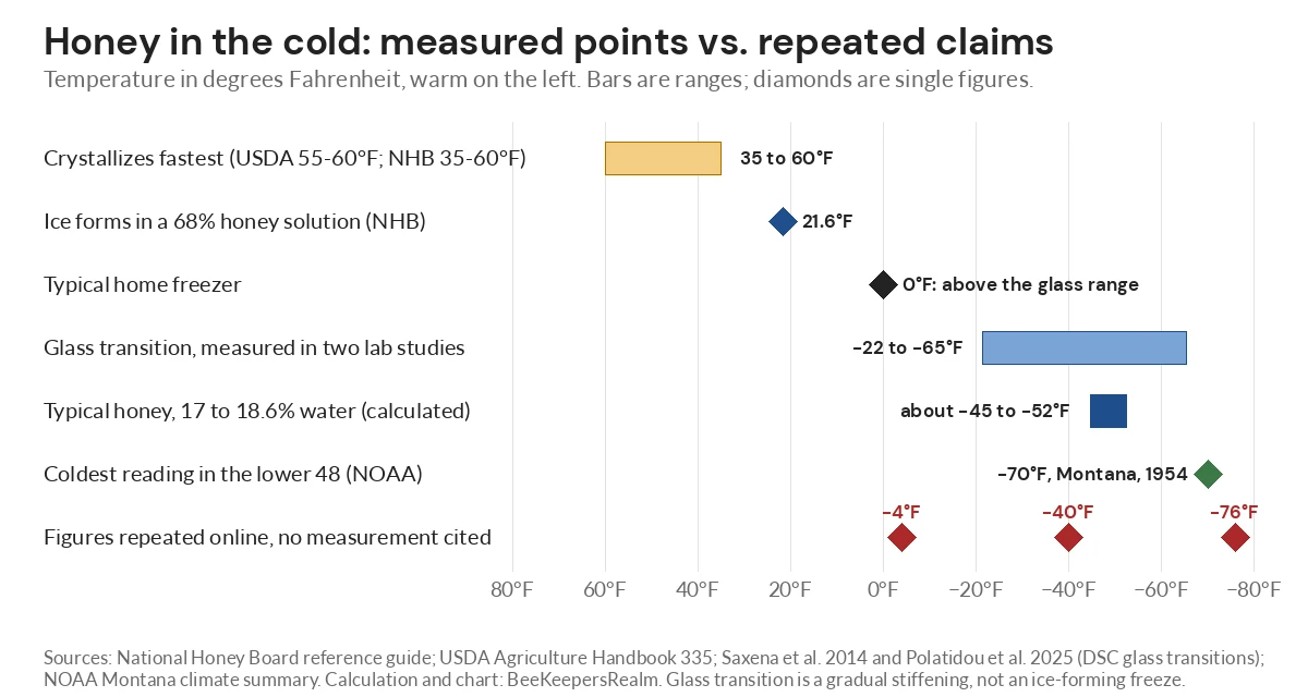 Chart of honey and cold: crystallization at 35 to 60°F, glass transition from −22 to −65°F, and unsourced claims