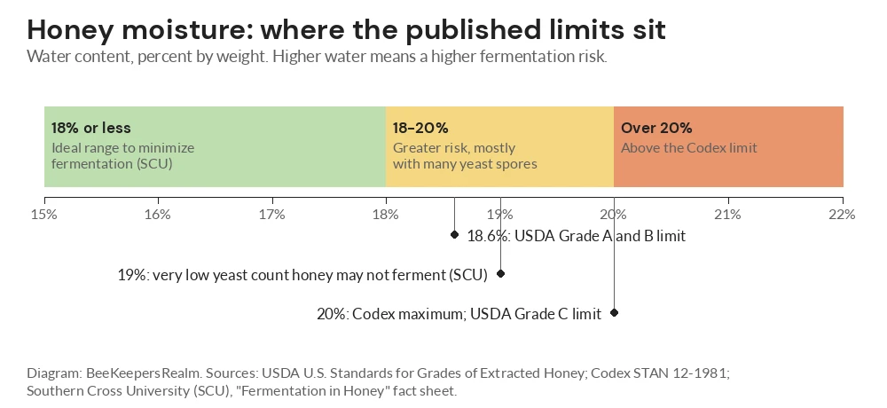 Scale of honey water content from 15 to 22 percent marking 18, 18.6, 19 and 20 percent limits