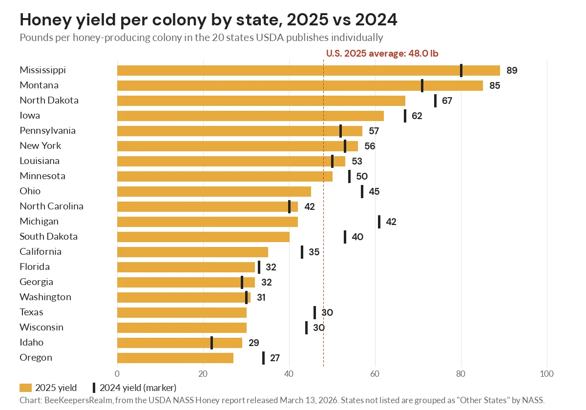 Bar chart of 2025 honey yield per colony in 20 states, from 89 pounds in Mississippi to 27 in Oregon, with 2024 markers
