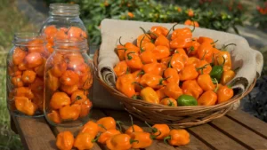 Orange habanero peppers heaped in a wicker basket beside two glass jars of habaneros on a wooden bench